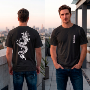 Mens Graphic T-Shirt White Dragon Asian Kanji Streetwear Cotton Tee