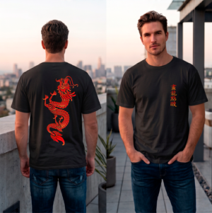 Mens Graphic T-Shirt Red Dragon Asian Kanji Streetwear Cotton Tee