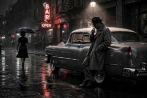 Film noir metal print rainy night man with fedora smoking near vintage car - The Last Cigarette by Voronoff Studio