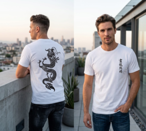 White Graphic T-Shirt Black Dragon Asian Kanji Streetwear Cotton Tee