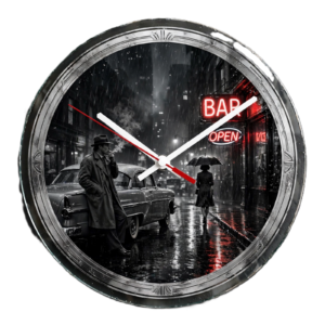 7.9" Glass Wall Clock - Film Noir - Rainy Night, 1950s Car and Bar Neon (Copy)
