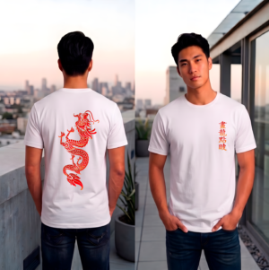 Mens White Graphic T-Shirt Red Dragon Asian Kanji Streetwear Cotton Tee